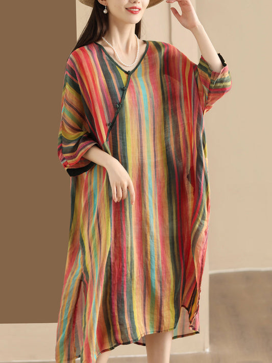 Women Summer Vintage Colorful Stripe V-Neck Ramie Dress PP1041