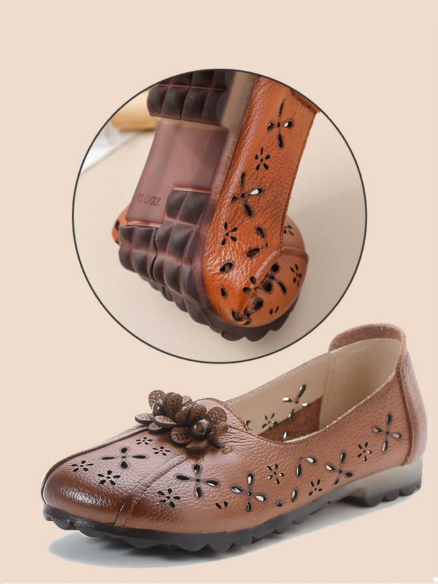 Chaussures d'été en cuir vintage à découpes florales pour femmes FG1026