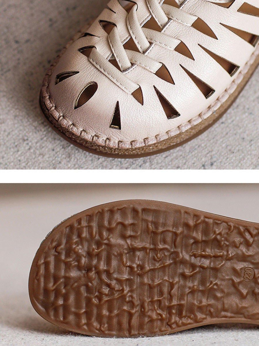 Leather Sandals Heel Low Women Weave Summer