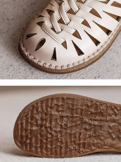 Leather Sandals Heel Low Women Weave Summer