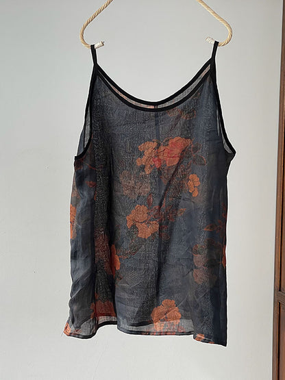 Gilet fin en ramie à fleurs vintage pour femmes de grande taille GEM595