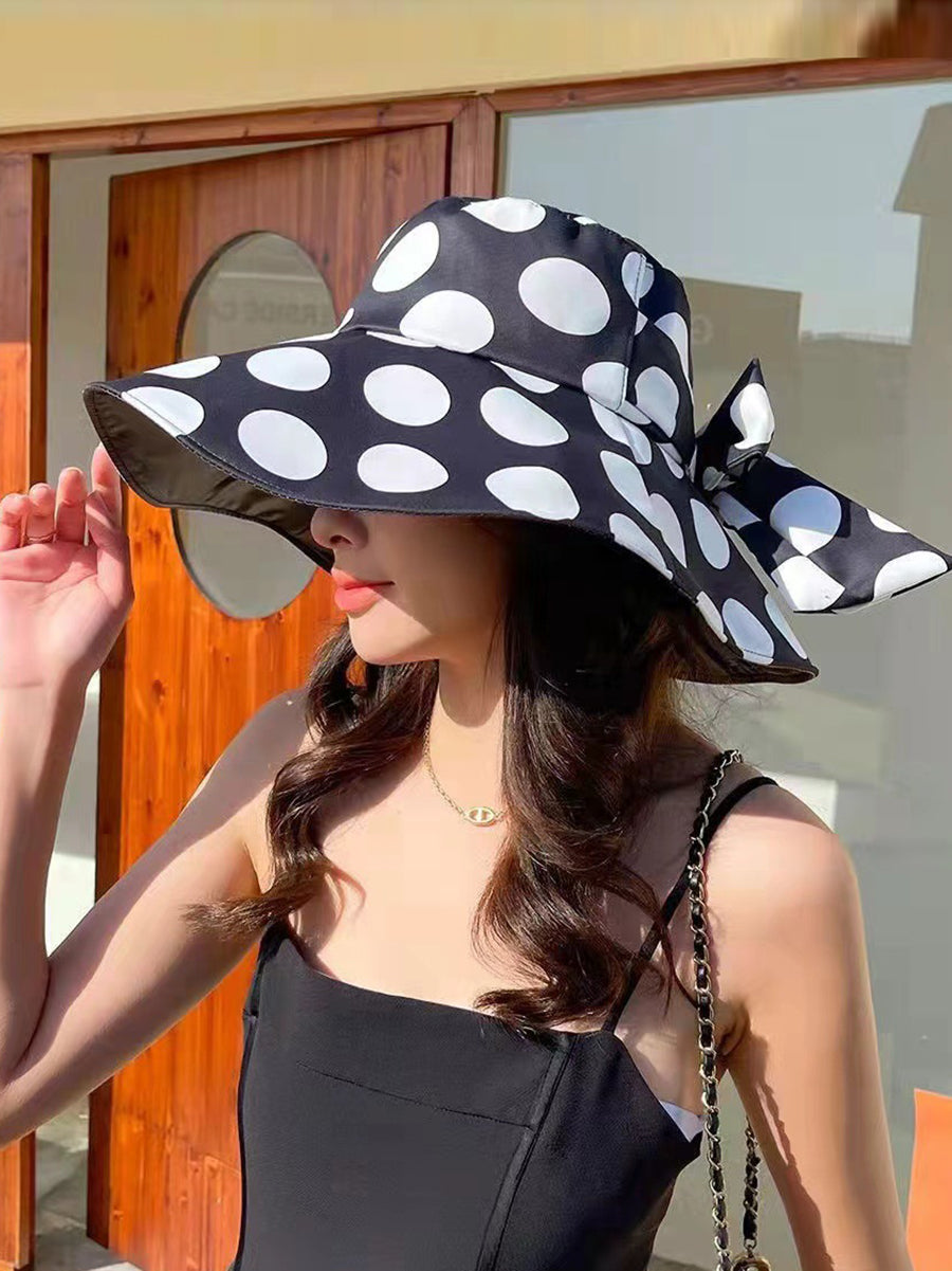 Women Summer Casual Dot Print Bowknot Sunproof Hat FG1016