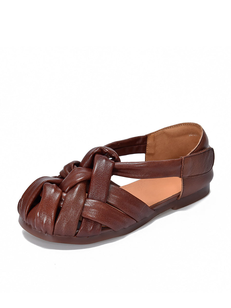 Summer Leather Flat Retro Women Weave Genuine Shoes