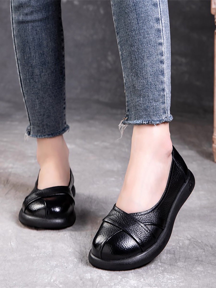 Spliced Genuine Cross Shoes Casual Women Flat Leather