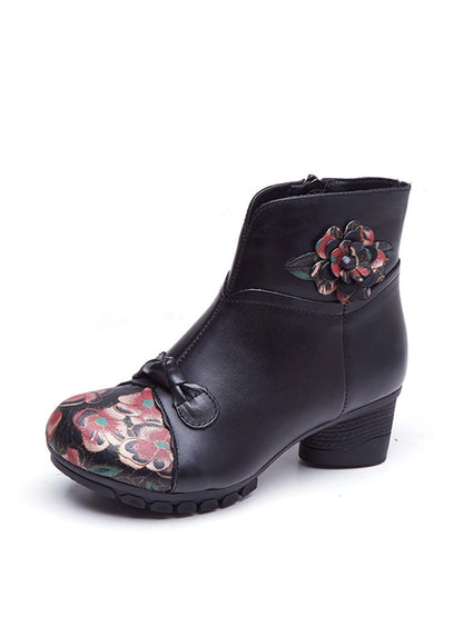 Women Ethnic Autumn Flower Spliced Leather Mid-Heel Boots AI1019