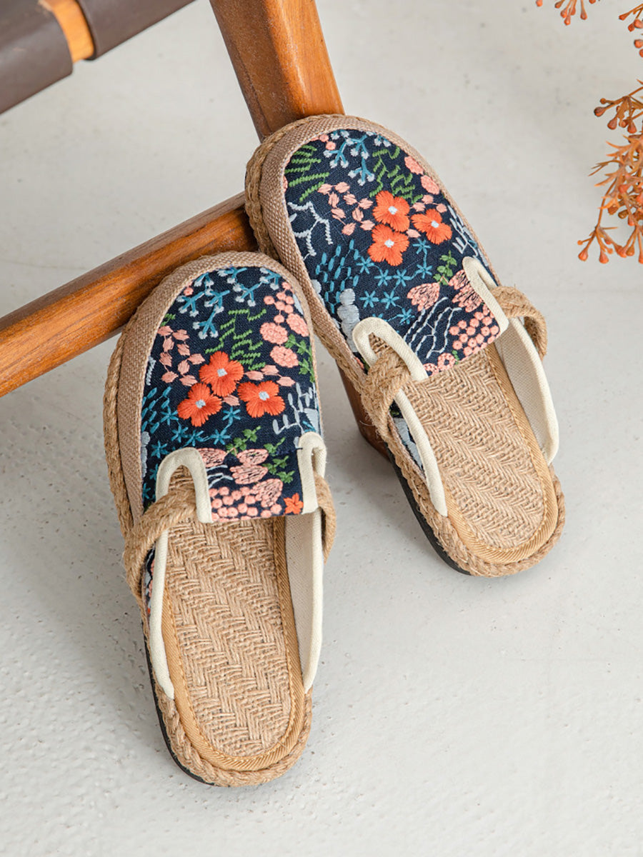 Cotton Ethnic Flower Embroidery Women Slippers Summer