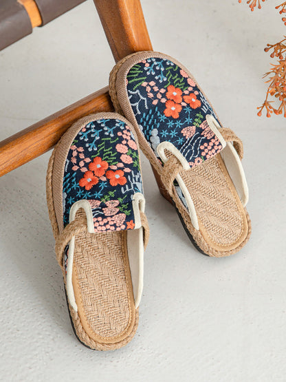Cotton Ethnic Flower Embroidery Women Slippers Summer