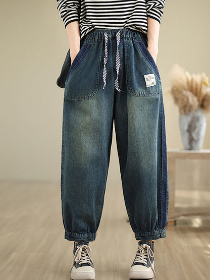 Women Casual Pockets Washed Denim Harem Pants AT1003