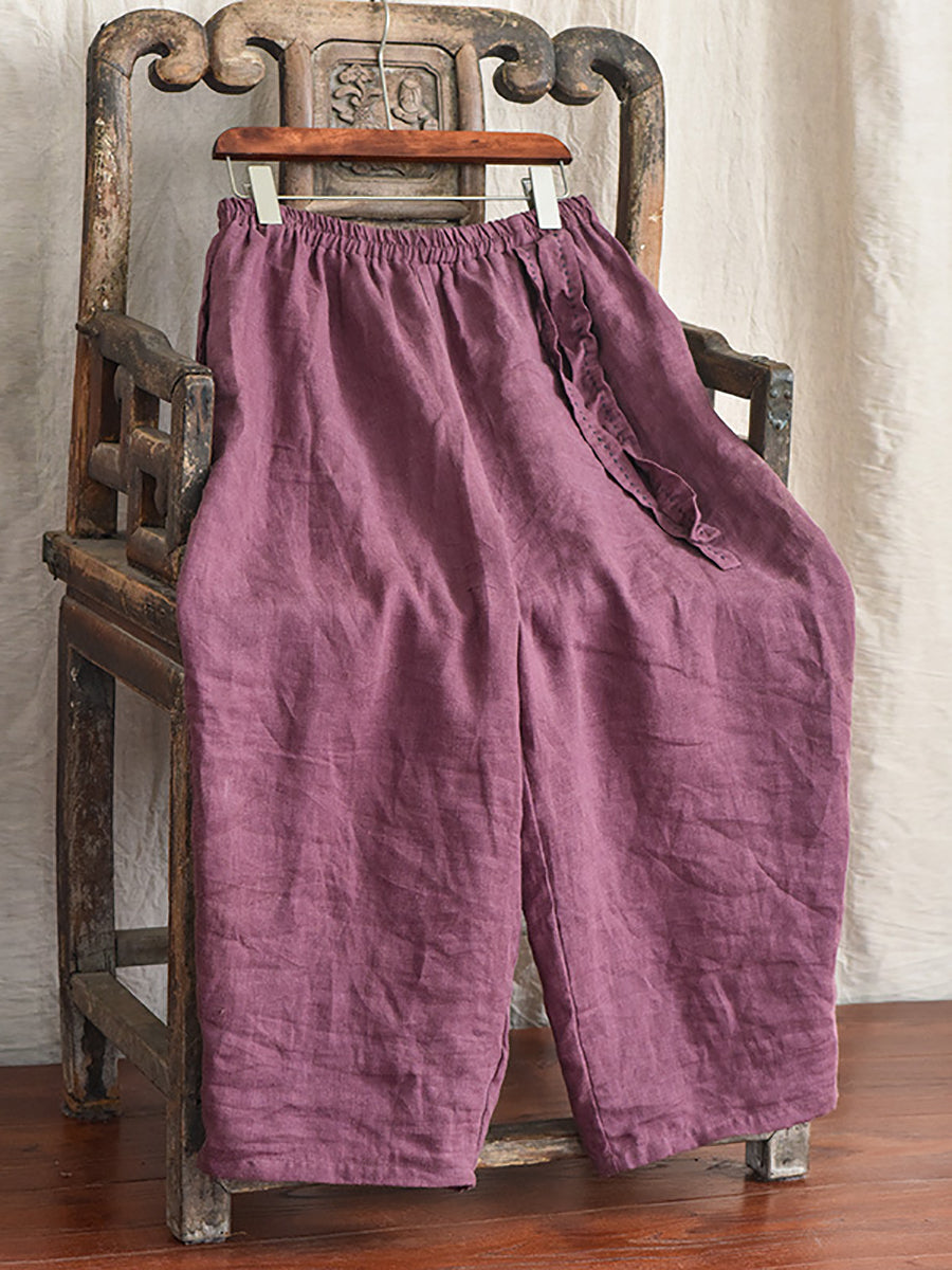 Women Casual Solid Drawstring Loose Linen Turnip Pants CX045