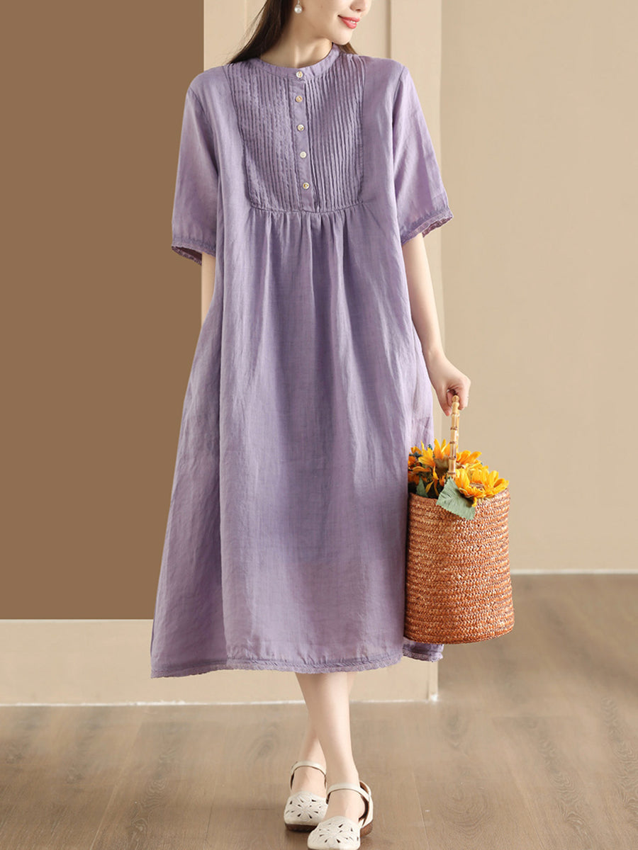 Women Summer Casual Solid Shirred Button Linen Dress HH019