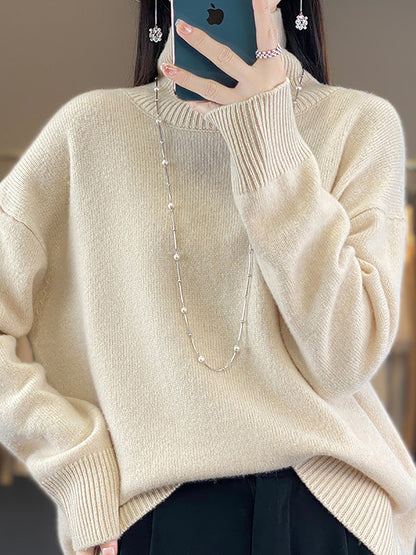 Women Autumn Casual Turtleneck Solid 100%Wool Sweater QU012