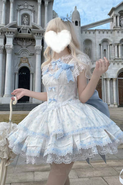First Love Rose Print Ruffle Bow Lace Sweet Lolita JSK Set