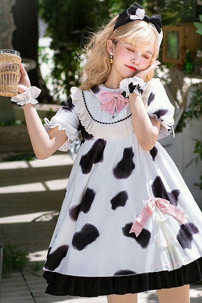 Ivory Cow Print Short-Sleeve Bow Ruffled Sweet Lolita OP