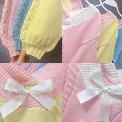 Pull court à nœud rose/jaune/bleu AU1001