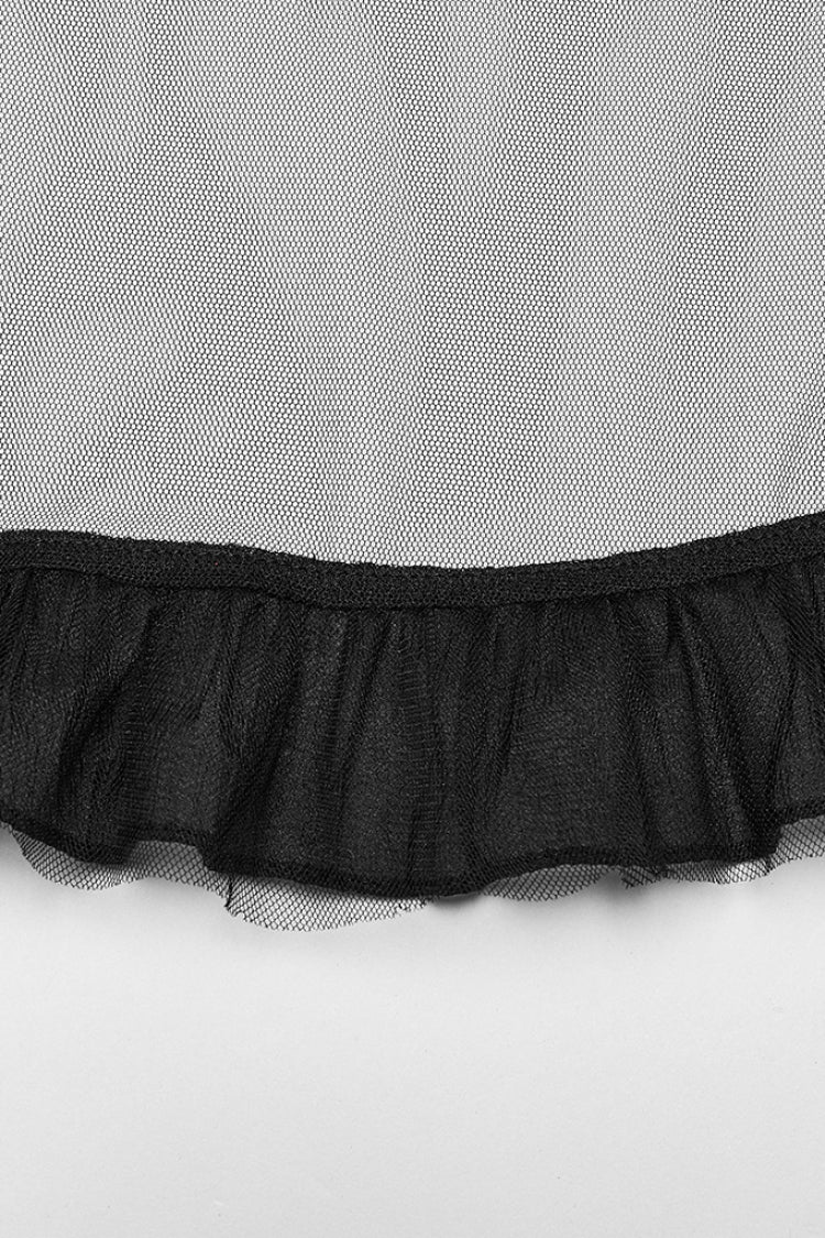 Crimson & Obsidian Ruffle Stitching Mesh Plaid High/Low Gothic Skirt