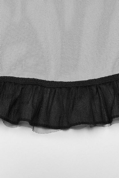 Crimson & Obsidian Ruffle Stitching Mesh Plaid High/Low Gothic Skirt