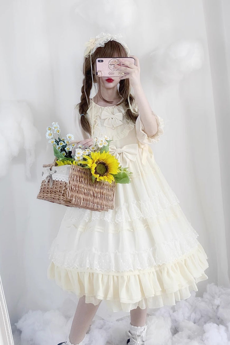 Cool Angel Sweet Lolita Dress with Bowknot, Ruffles & Short Lace Sleeves, Cream