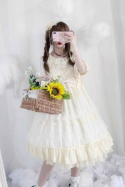 Cool Angel Sweet Lolita Dress with Bowknot, Ruffles & Short Lace Sleeves, Cream
