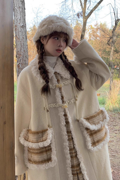 Sweet Lolita Coat with Doll Collar, Plaid Print Stitching & Long Sleeves, Cream
