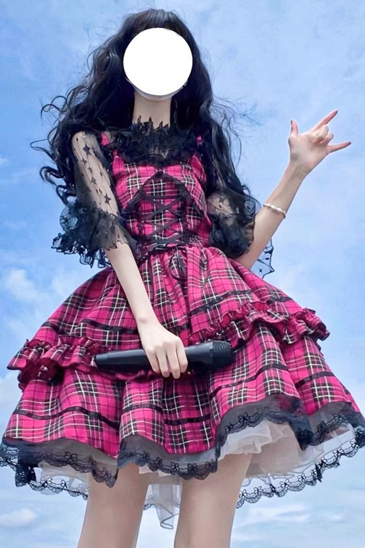 Crimson Lolita JSK Dress with Layered Ruffles and Bow Accents