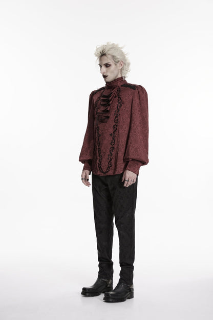 Crimson High-Neck Gothic Palace Shirt with Jacquard and Detachable Tie