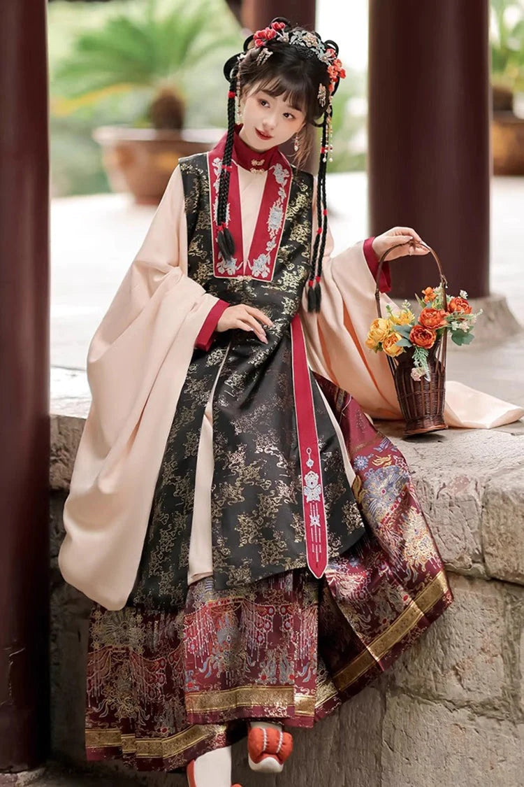 Crimson & Charcoal Round Neck High-Waist Embossed Hanfu Ensemble Three-Piece
