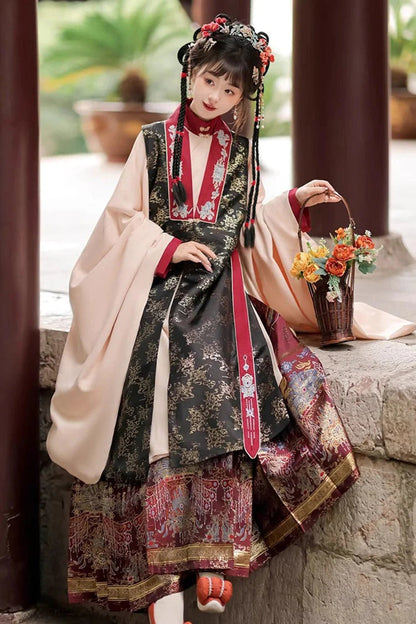 Crimson & Charcoal Round Neck High-Waist Embossed Hanfu Ensemble Three-Piece