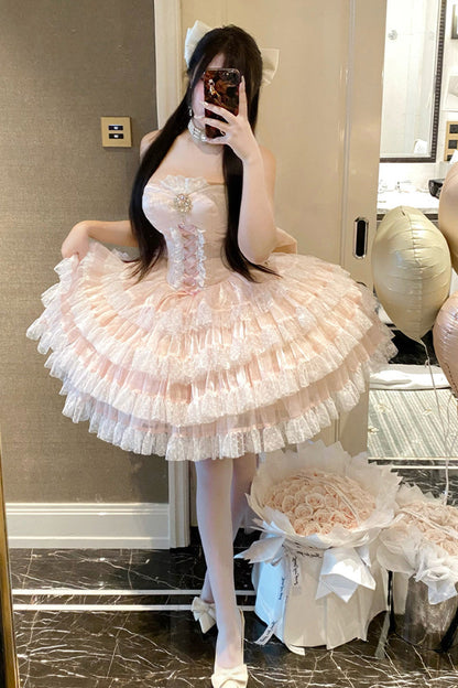 Blush Off-Shoulder Sleeveless Layered Ruffle Bow Lace-Up Princess Gown - Heartbeat at First Sight