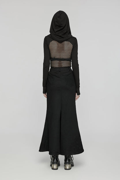 Ebony Long-Sleeve Hooded Sheer Punk Tee