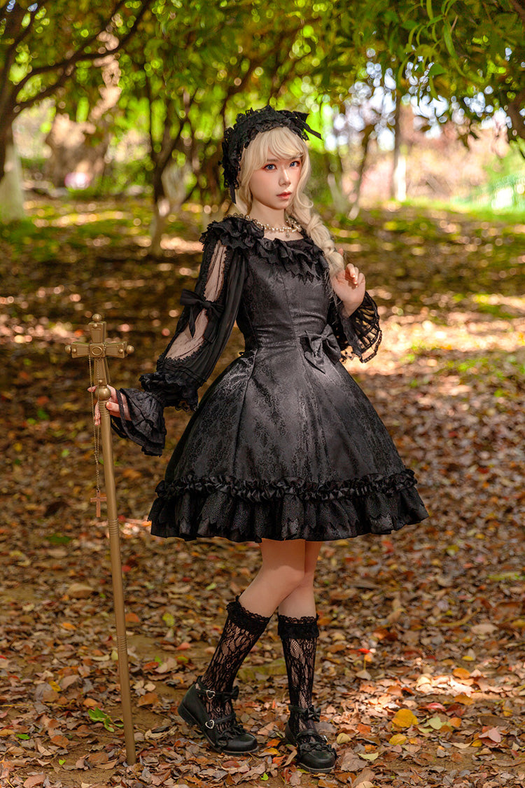 Gothic JSK Dress with Floral Print, Round Collar, and Ruffled Bow in Black