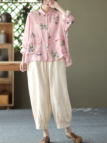 Women Vintage Floral Spring Button Up Ramie Blouse AT1089