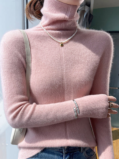 Women Autumn Casual Turtleneck 100%Wool Soft Sweater QU013