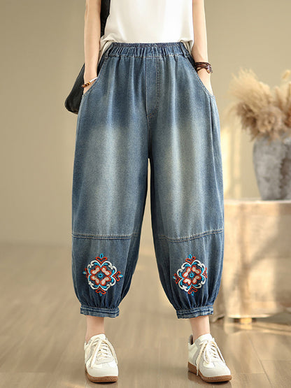 Denim Flower Women Pants Harem Embroidery Retro