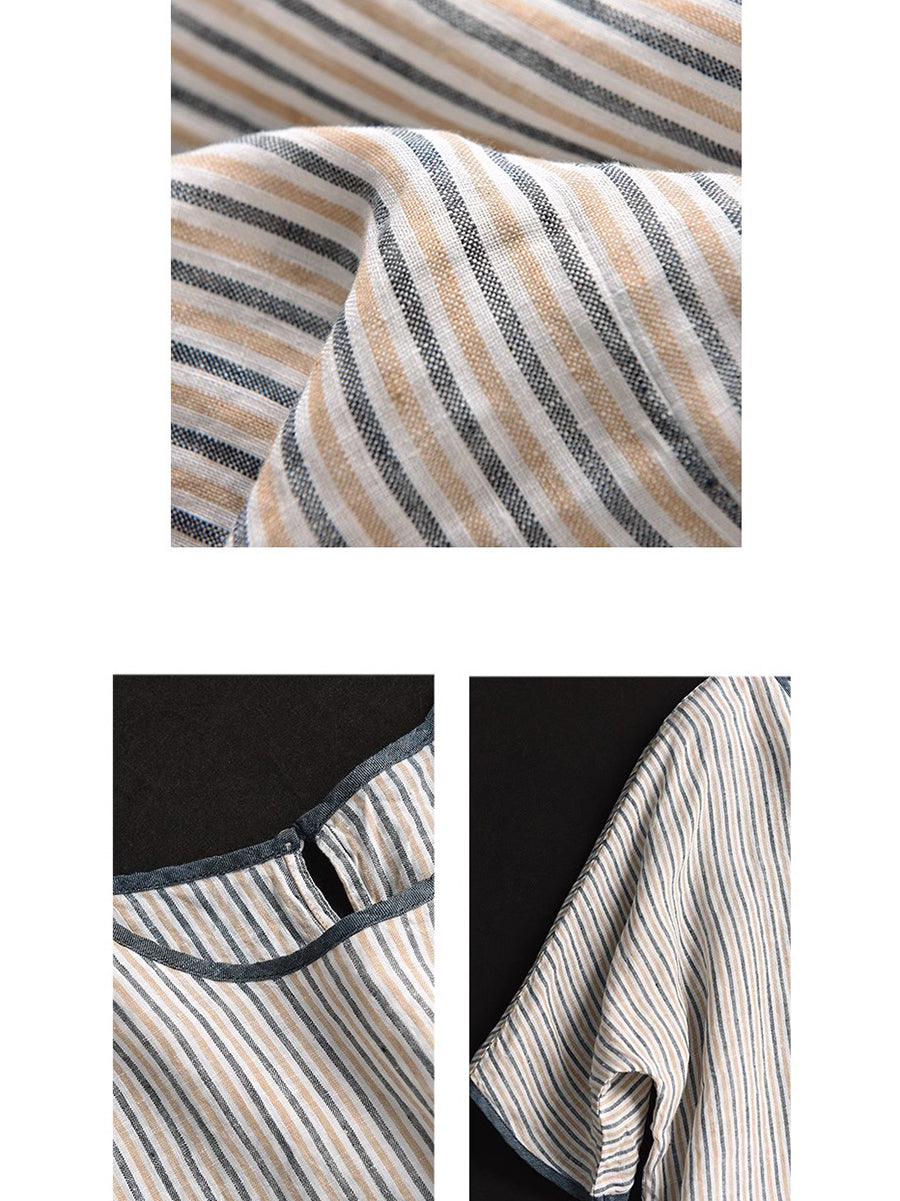 Women Summer Vintage Stripe Spliced Linen Shirt BN1040