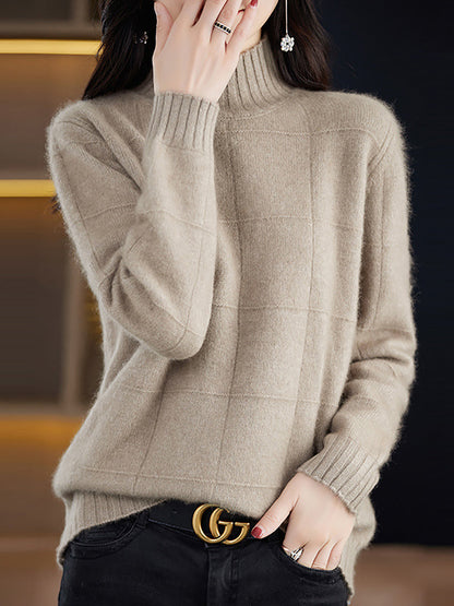 Women Autumn Casual Half Turtleneck Plaid 100%Wool Sweater QU031