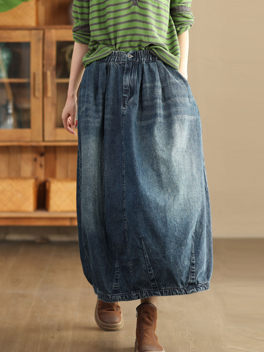 Women Autumn Casual Solid Back Hem Split Denim Skirt AT1005