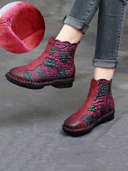 Women Retro Flower Leather Spliced Zipper Low Heel Boots AT1067