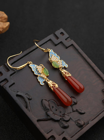 Butterfly Ethnic Enamel Earrings Women Jade S925Silver