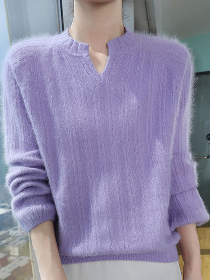 Women Autumn V-Neck Solid Wool Warm Knit Sweater AV1013