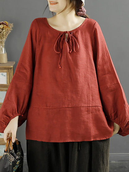 Plus Size Women Autumn O-Neck 100%Linen Loose Blouse AK1001