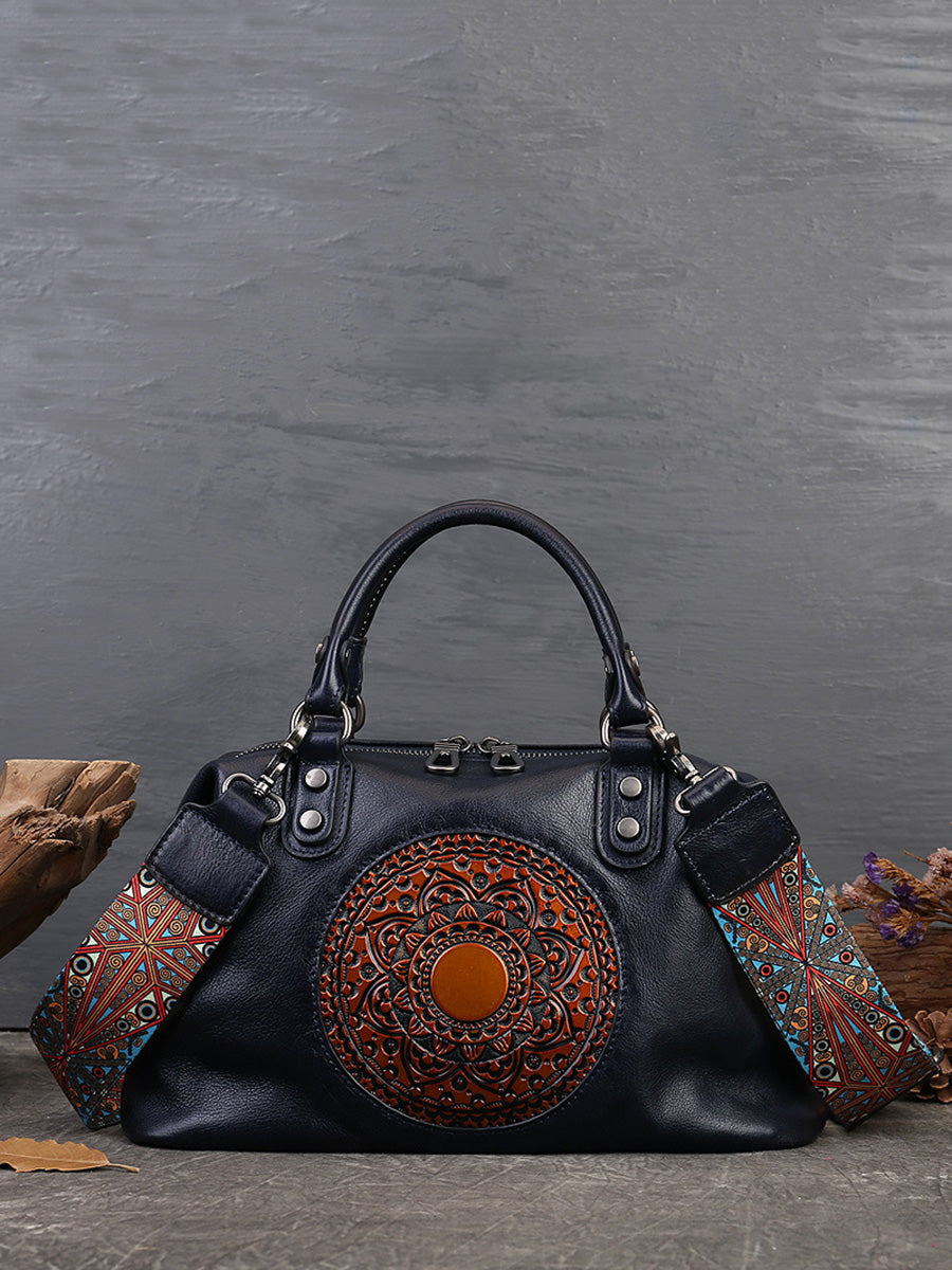 Women Leather Flower Spliced Capacity Hand Bag Shoulder Bag AX1007