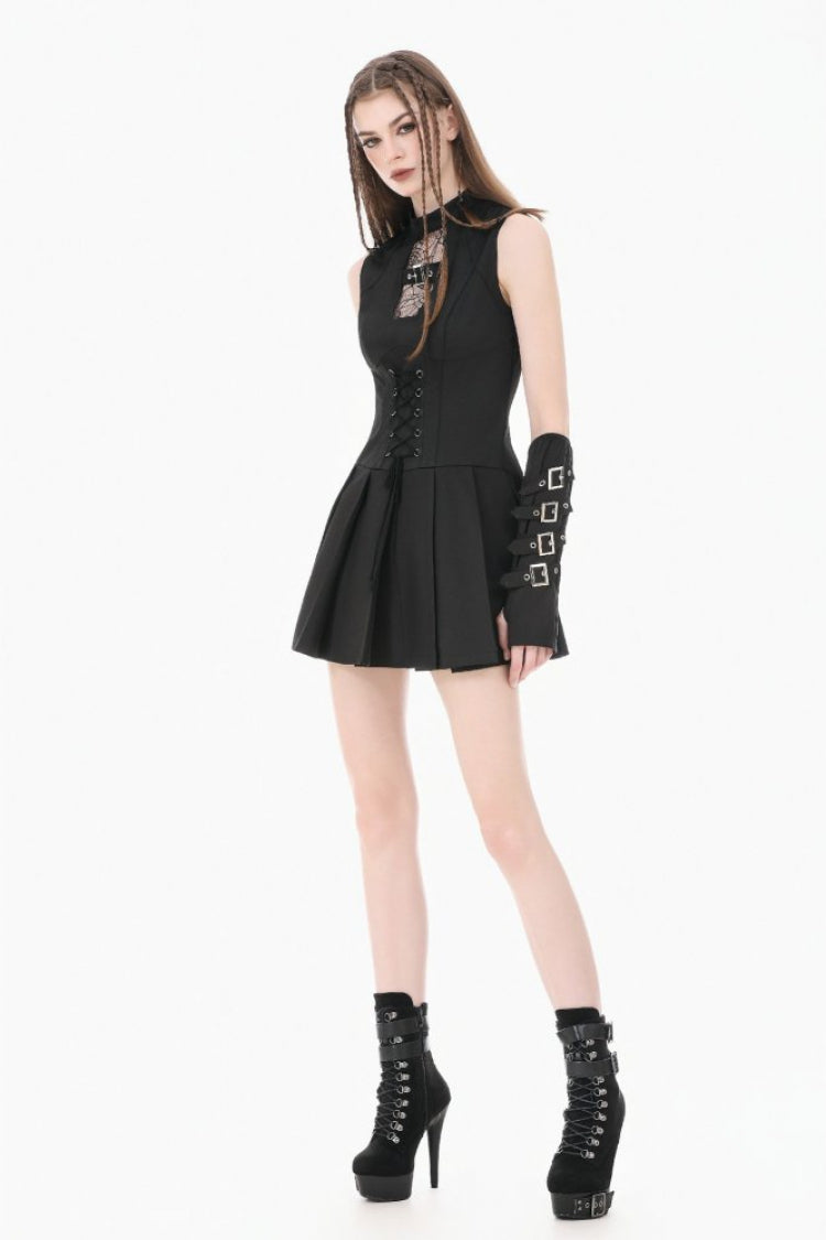 No-Sleeve Cobweb Sheer Mesh Lace-Up Punk Mini Dress