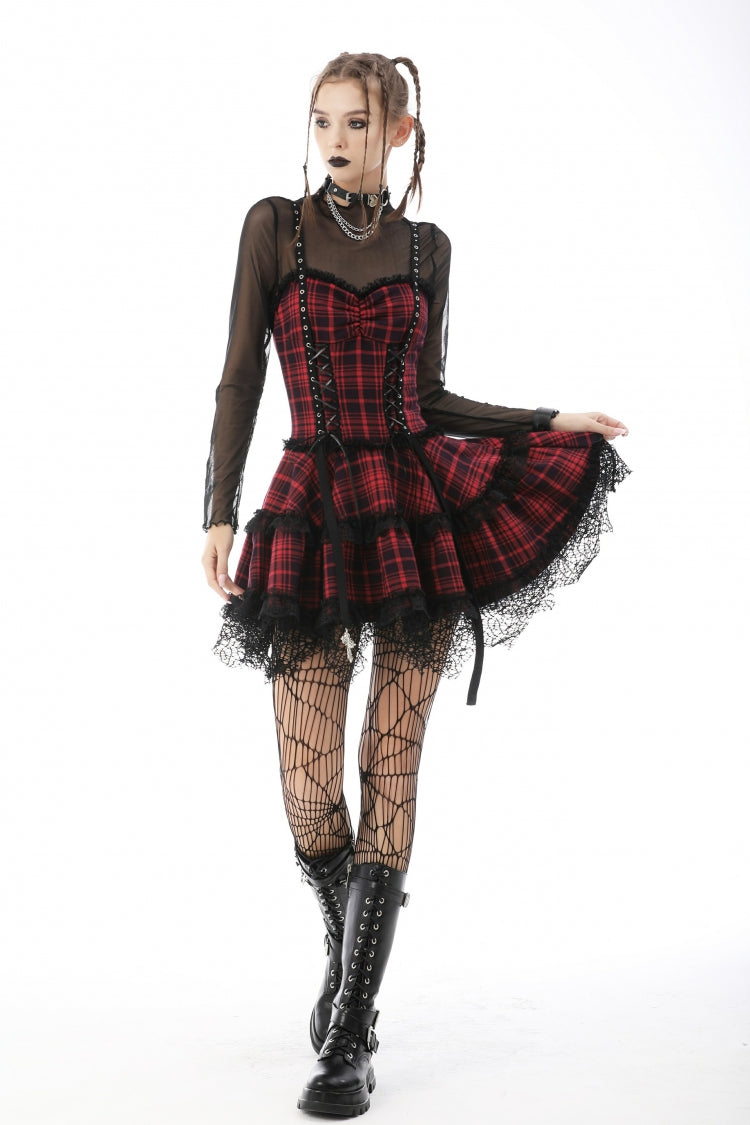 Crimson Punk Mini Dress with Plaid Layers and Lace Trim