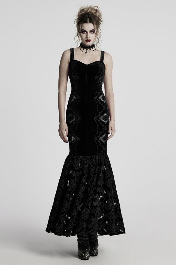 No-Sleeve Floral Embroidered Fishtail Gothic Slip Dress