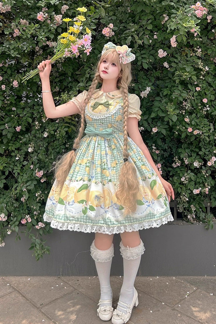 Emerald Lemon Chicken Print Ruffle Bowknot Sweet JSK Dress