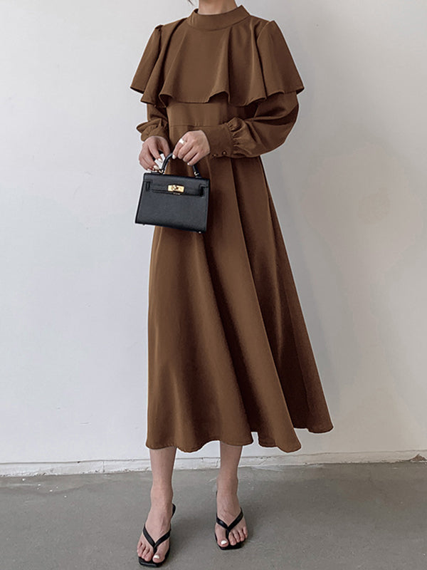 Ruffle Waist Long Mock Tied A-Line Elegant Trim Neck Coffee