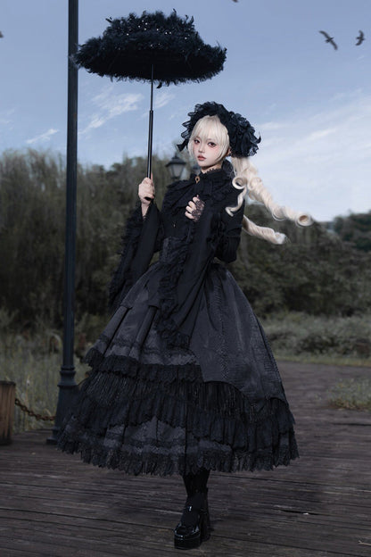 Ebony Layered Lace-Trimmed Open Front Gothic Petticoat Skirt - Immortality Taboo