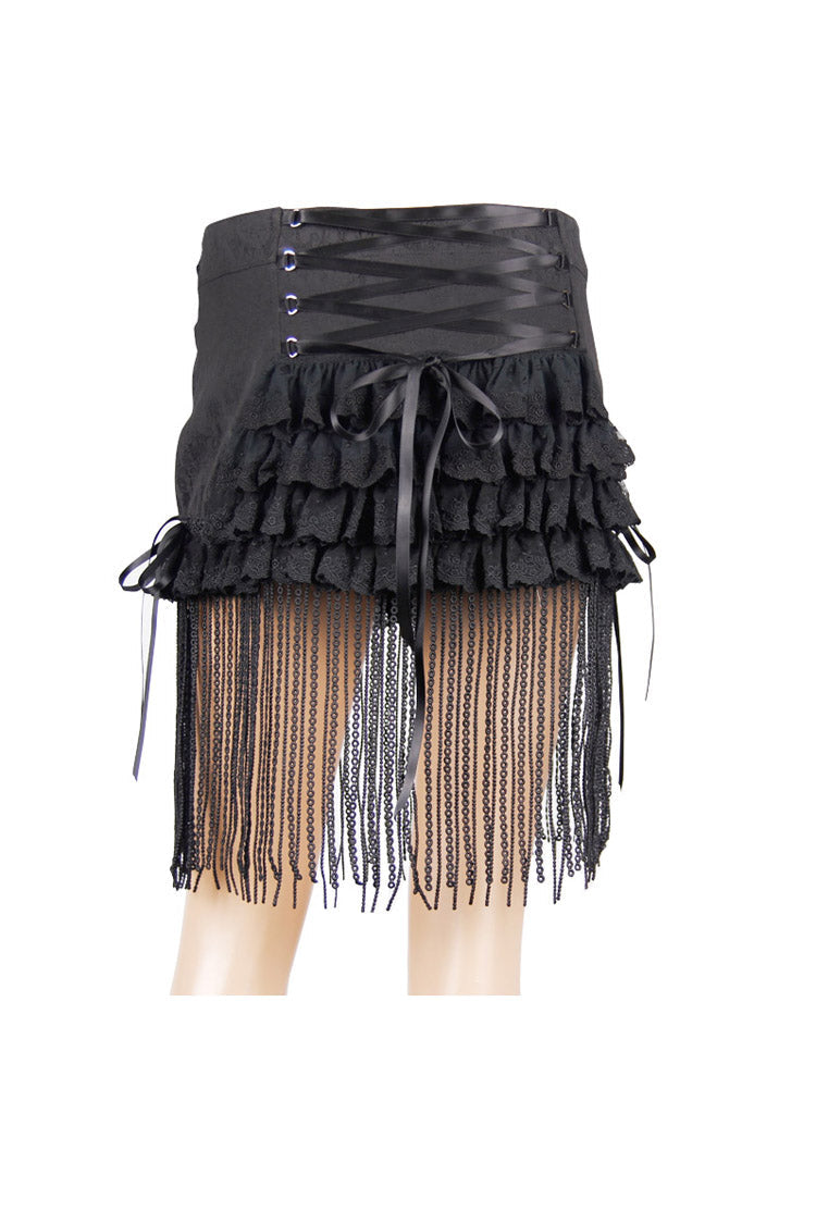 Women's Gothic Short Skirt with Lace Tassel Hem and Back Waist Lace Up in Black Jacquard