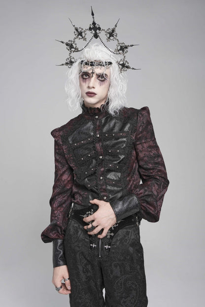 Crimson & Obsidian Stand Collar Long Lantern Sleeves Floral Print Embroidery Gothic Blouse