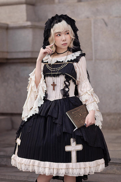 Gothic Lolita Dress with Cross Embroidery, Ruffle and Eternal Life Song Print